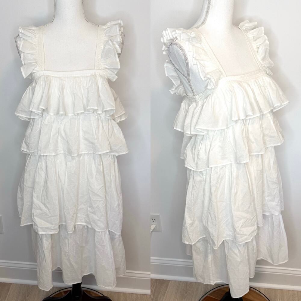 Wiggy Kit Tiered Ruffle Cotton Square Neck Sleeveless Midi Dress White Small